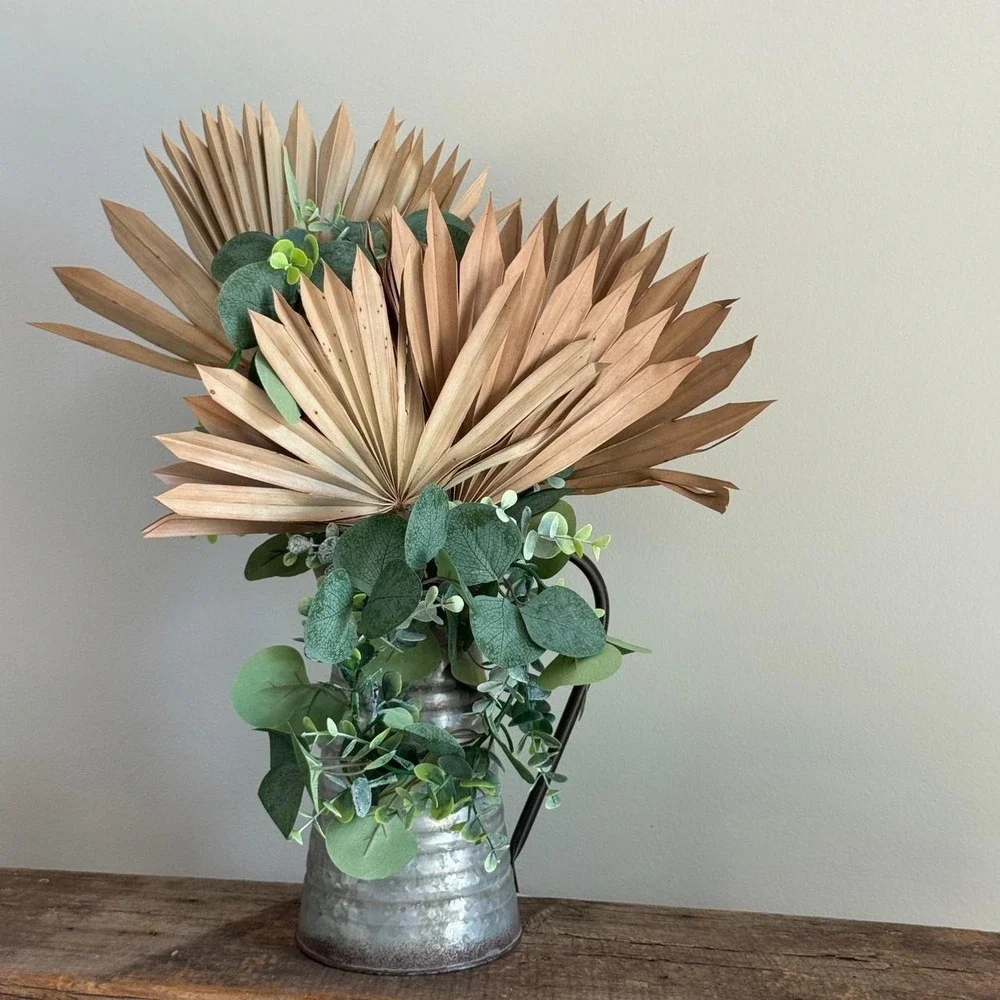 Rustic Galvanized Metal Pitcher with Faux Eucalyptus and Dried Palm Leaves Decor